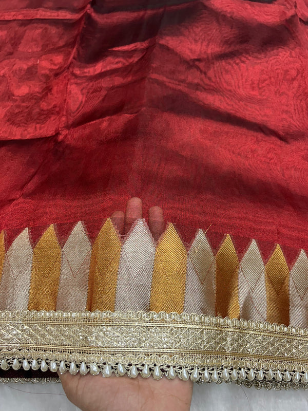Blood Red Tissue Saree With Trending Lace & Temple Border With Lining Blouse