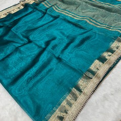 Blue Banarasi Tissue Saree With Trending Lace & Running Blouse