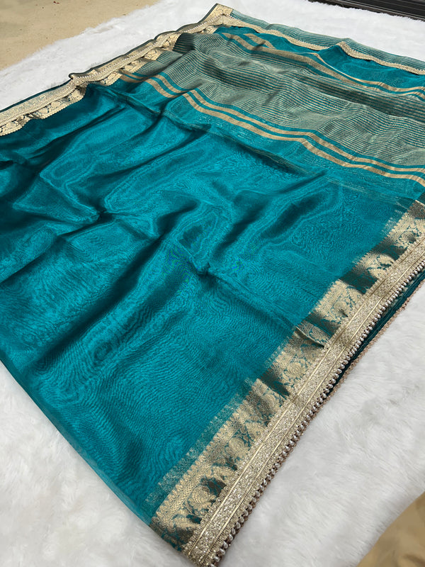 Blue Banarasi Tissue Saree With Trending Lace & Running Blouse