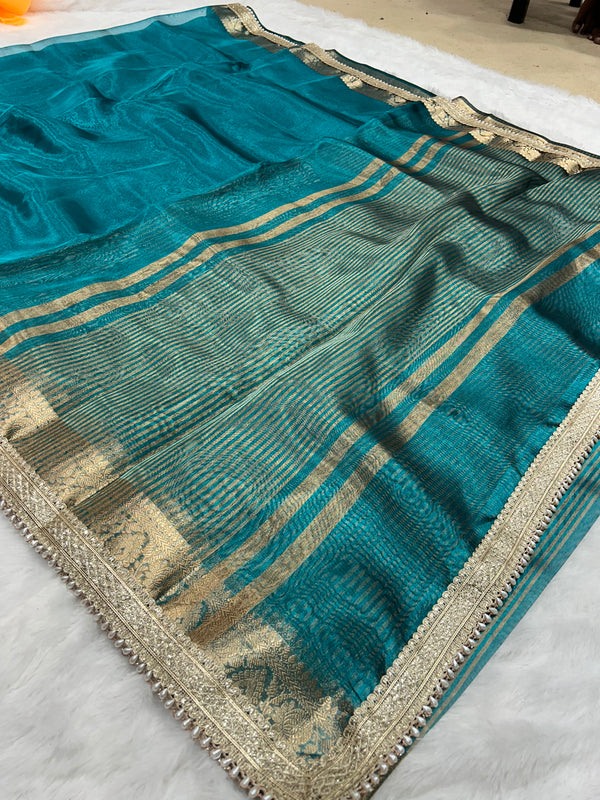 Blue Banarasi Tissue Saree With Trending Lace & Running Blouse