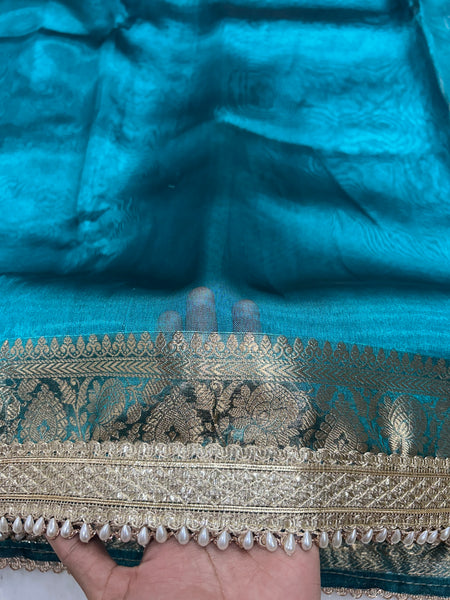 Blue Banarasi Tissue Saree With Trending Lace & Running Blouse