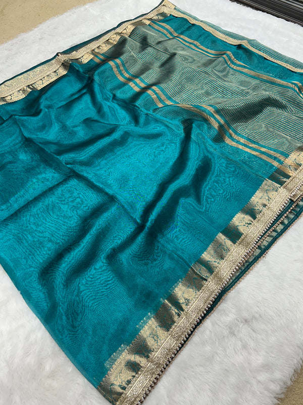 Blue Banarasi Tissue Saree With Trending Lace & Running Blouse