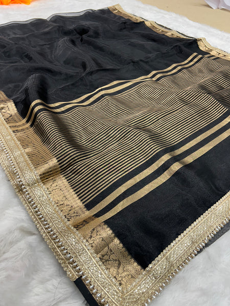 Black Banarasi Tissue Saree With Trending Lace & Running Blouse