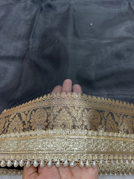 Black Banarasi Tissue Saree With Trending Lace & Running Blouse