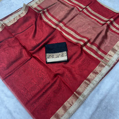 Red Banarasi Tissue Saree With Trending Lace & Contrast Blouse