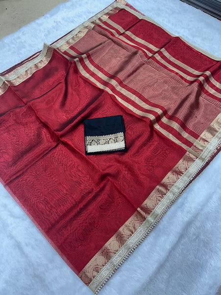 Red Banarasi Tissue Saree With Trending Lace & Contrast Blouse