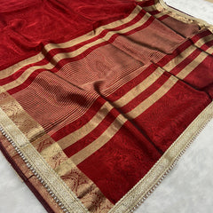 Red Banarasi Tissue Saree With Trending Lace & Contrast Blouse