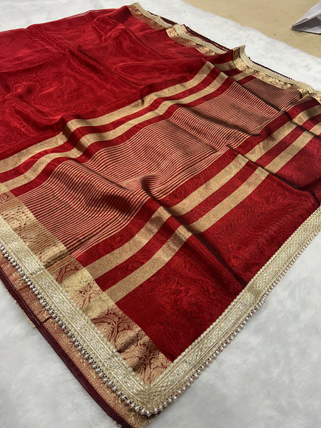Red Banarasi Tissue Saree With Trending Lace & Contrast Blouse
