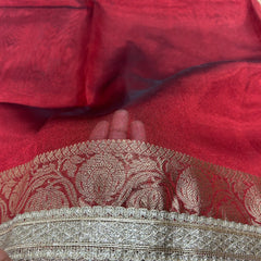 Red Banarasi Tissue Saree With Trending Lace & Contrast Blouse