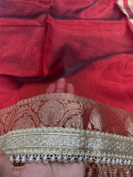 Red Banarasi Tissue Saree With Trending Lace & Contrast Blouse