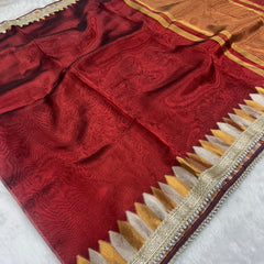 Blood Red Tissue Saree With Trending Lace & Temple Border With Lining Blouse