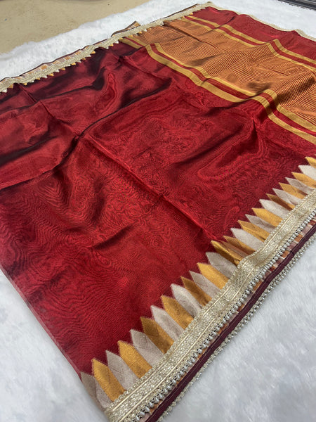 Blood Red Tissue Saree With Trending Lace & Temple Border With Lining Blouse