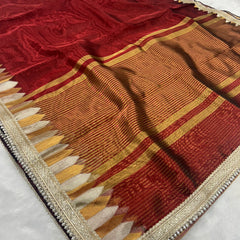 Blood Red Tissue Saree With Trending Lace & Temple Border With Lining Blouse