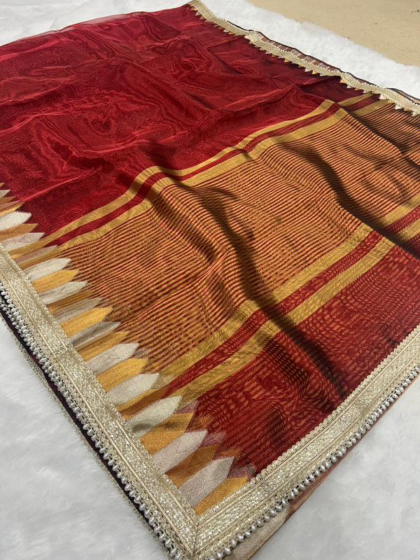 Blood Red Tissue Saree With Trending Lace & Temple Border With Lining Blouse