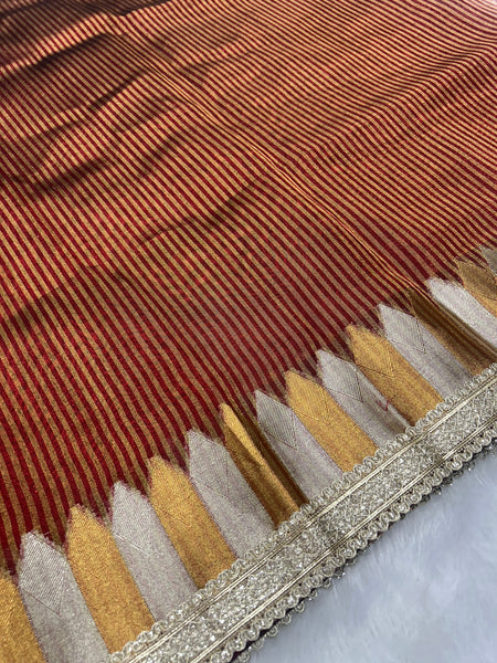 Blood Red Tissue Saree With Trending Lace & Temple Border With Lining Blouse