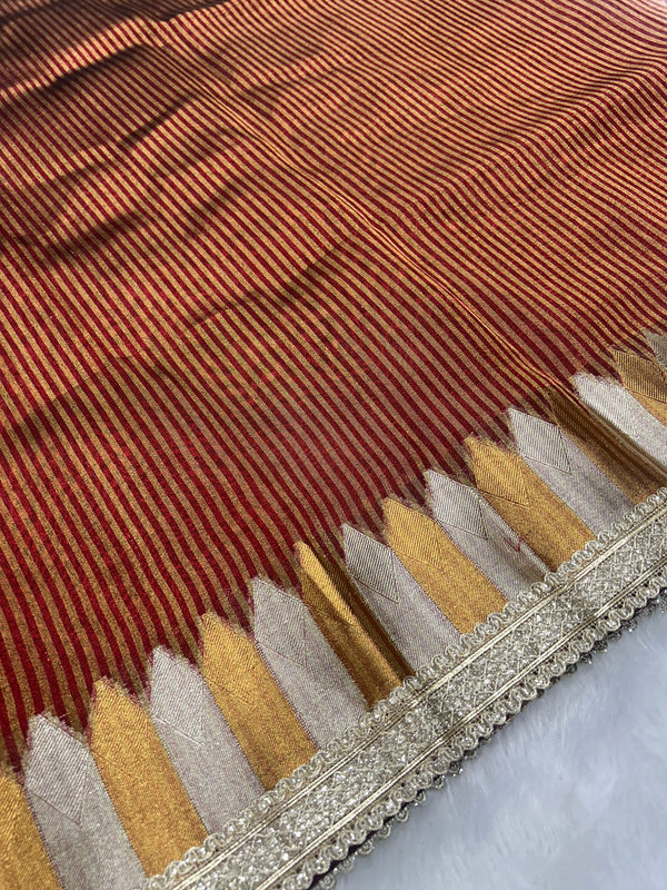 Blood Red Tissue Saree With Trending Lace & Temple Border With Lining Blouse