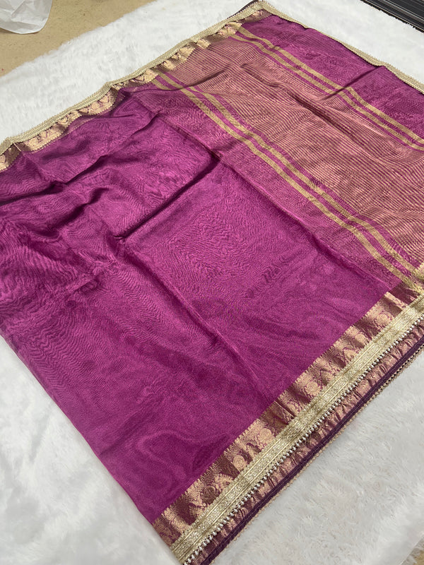 Purple Banarasi Tissue Saree With Trending Lace & Running Blouse