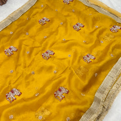 Yellow Hand Work Trending Banarasi Tissue Saree