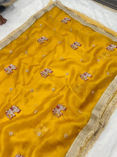 Yellow Hand Work Trending Banarasi Tissue Saree