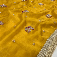 Yellow Hand Work Trending Banarasi Tissue Saree