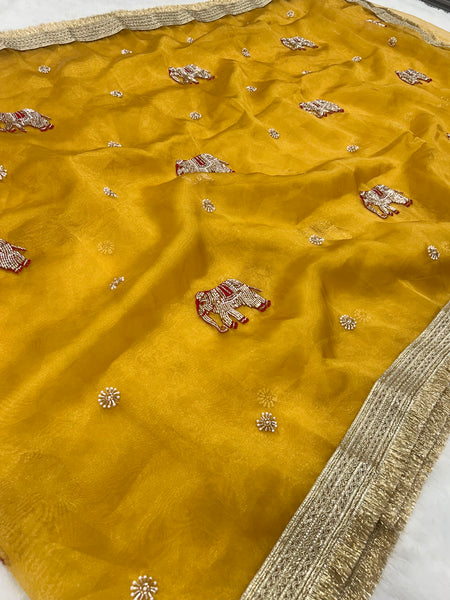 Yellow Hand Work Trending Banarasi Tissue Saree
