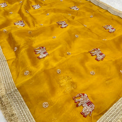 Yellow Hand Work Trending Banarasi Tissue Saree