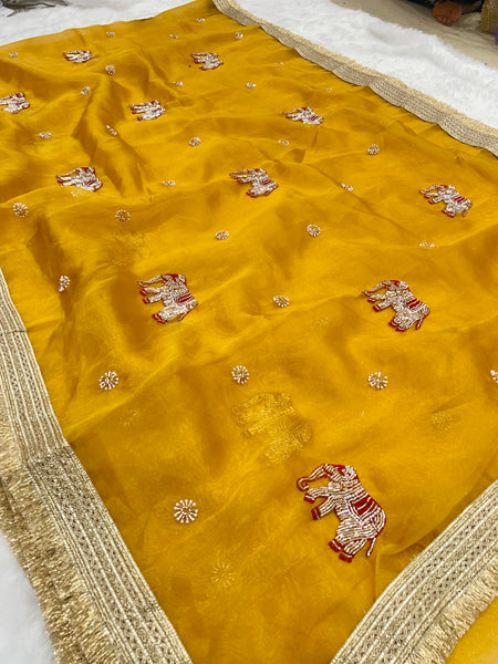 Yellow Hand Work Trending Banarasi Tissue Saree