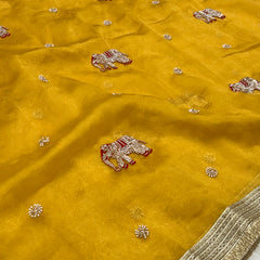 Yellow Hand Work Trending Banarasi Tissue Saree