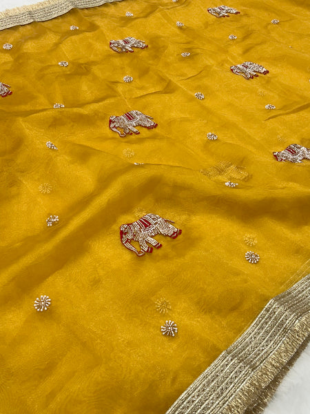 Yellow Hand Work Trending Banarasi Tissue Saree