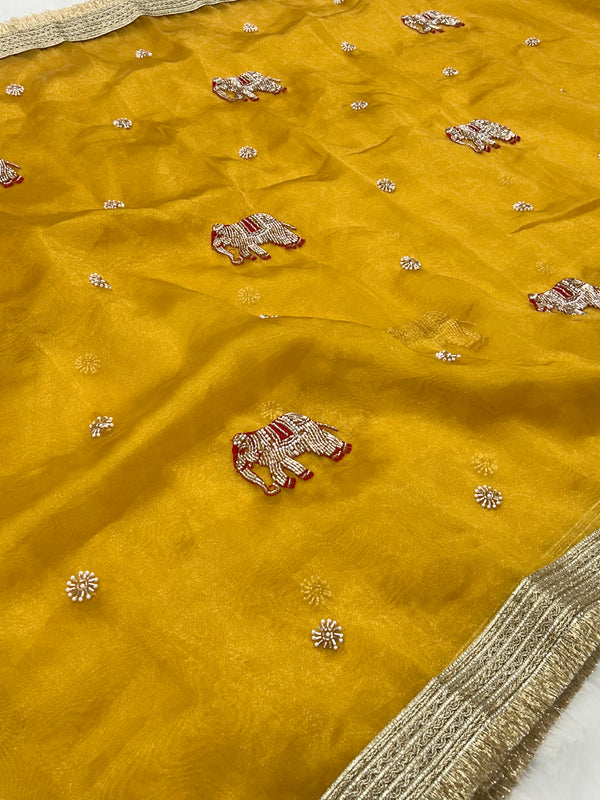 Yellow Hand Work Trending Banarasi Tissue Saree