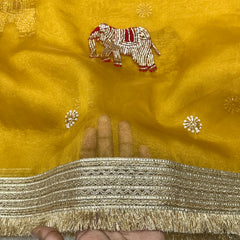 Yellow Hand Work Trending Banarasi Tissue Saree