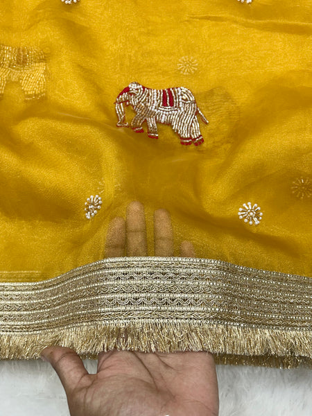 Yellow Hand Work Trending Banarasi Tissue Saree