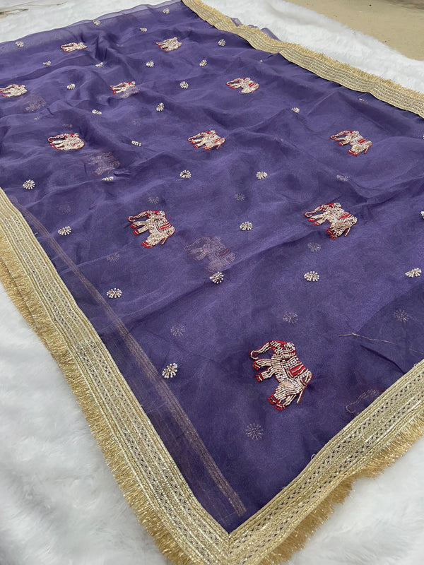Purple Hand Work Trending Banarasi Tissue Saree