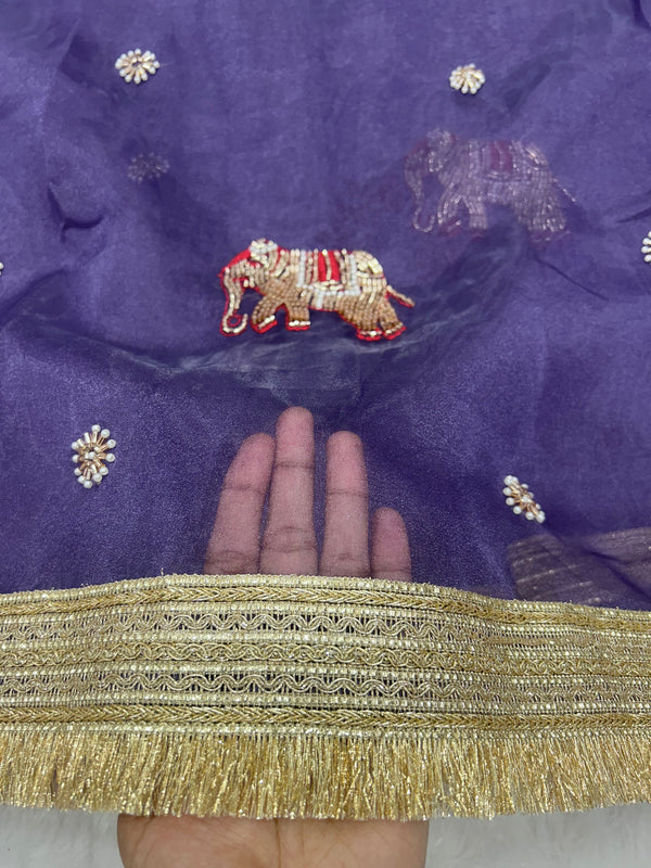 Purple Hand Work Trending Banarasi Tissue Saree