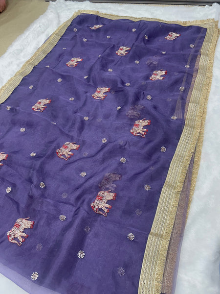 Purple Hand Work Trending Banarasi Tissue Saree