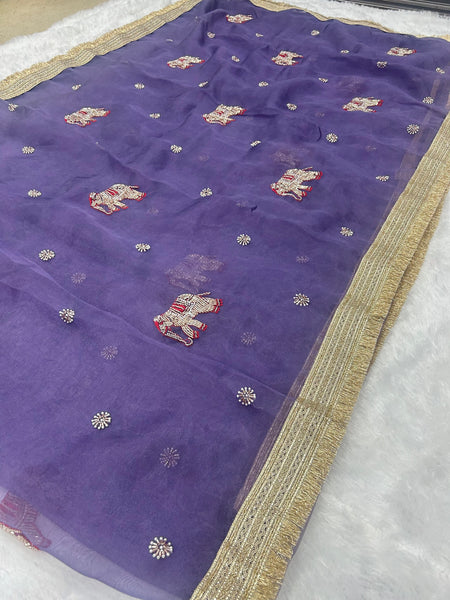 Purple Hand Work Trending Banarasi Tissue Saree