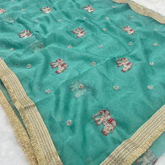 Aqua Colour Hand Work Trending Banarasi Tissue Saree