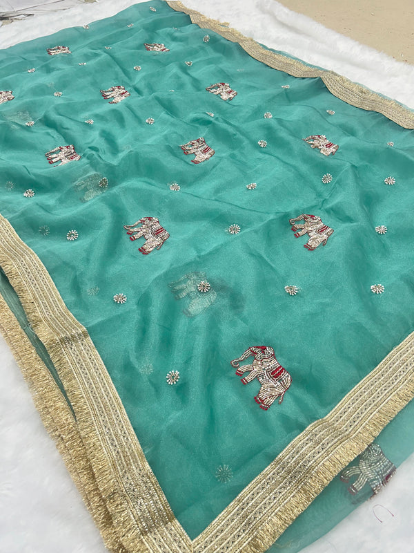Aqua Colour Hand Work Trending Banarasi Tissue Saree