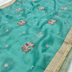 Aqua Colour Hand Work Trending Banarasi Tissue Saree