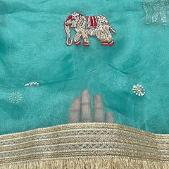 Aqua Colour Hand Work Trending Banarasi Tissue Saree