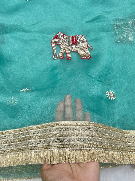 Aqua Colour Hand Work Trending Banarasi Tissue Saree