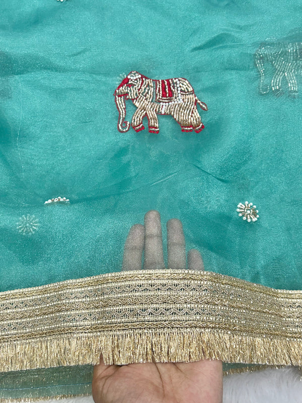 Aqua Colour Hand Work Trending Banarasi Tissue Saree