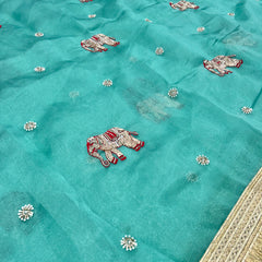 Aqua Colour Hand Work Trending Banarasi Tissue Saree