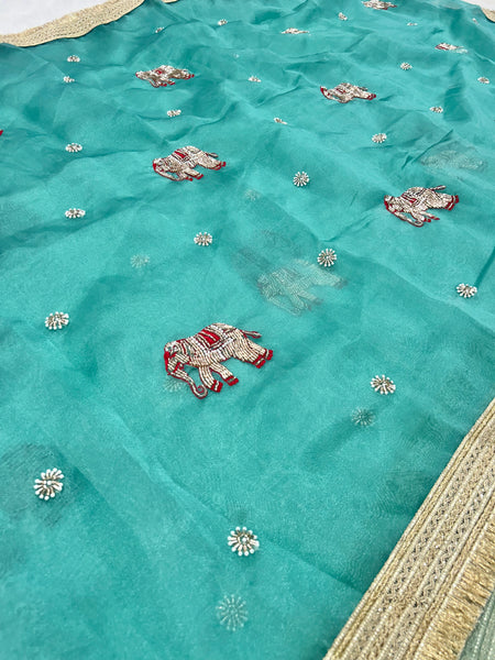 Aqua Colour Hand Work Trending Banarasi Tissue Saree