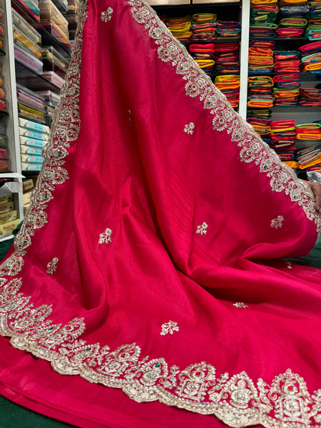 Trendy Beaded Border Designer Red Saree