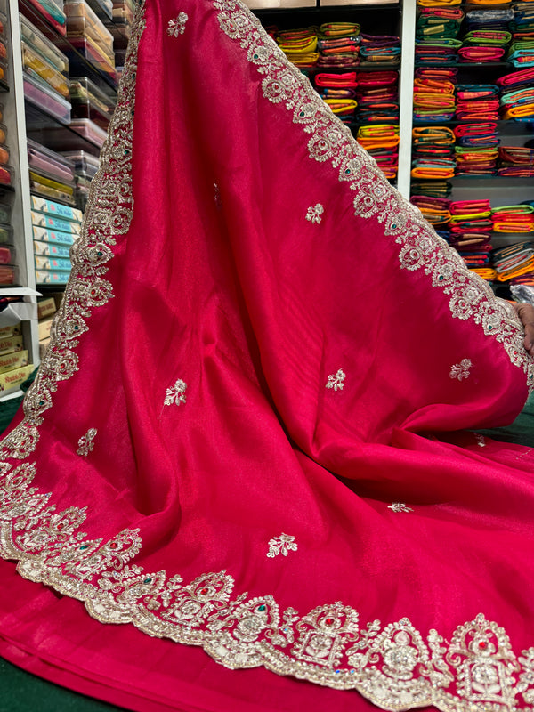 Trendy Beaded Border Designer Red Saree