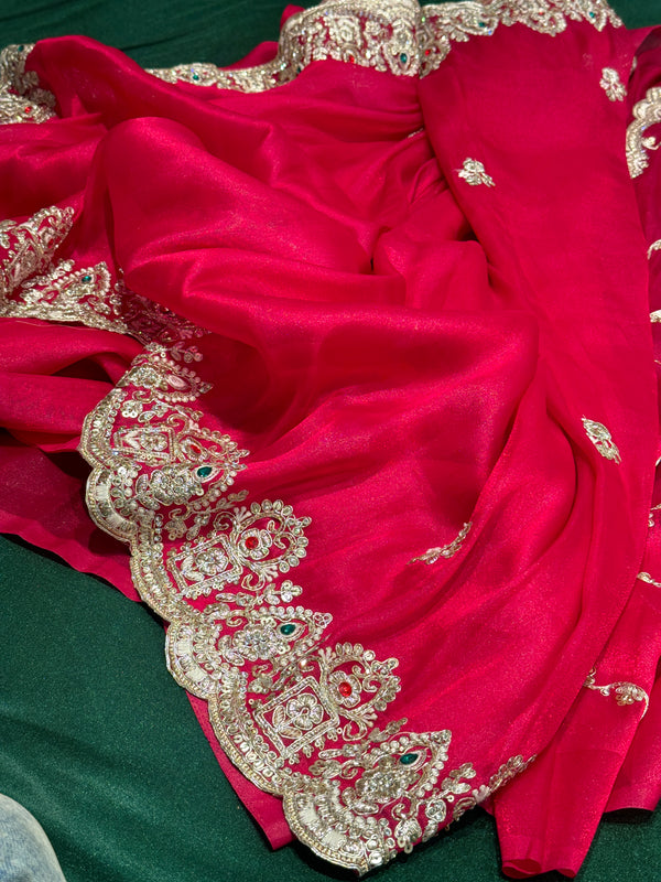 Trendy Beaded Border Designer Red Saree