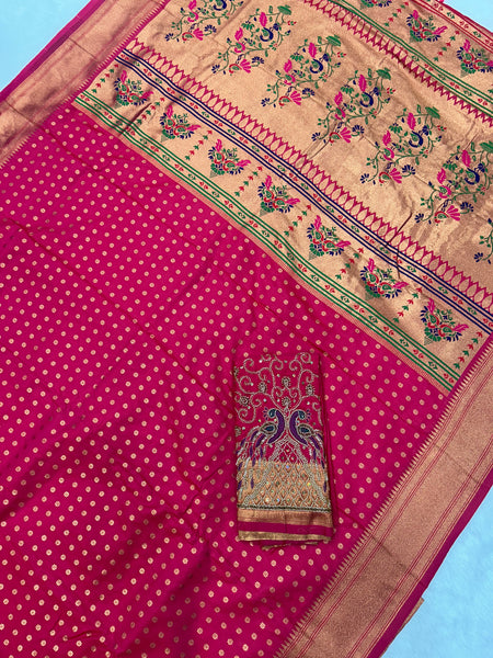 Hot Pink Kalanjali Paithani With Aari Work Blouse