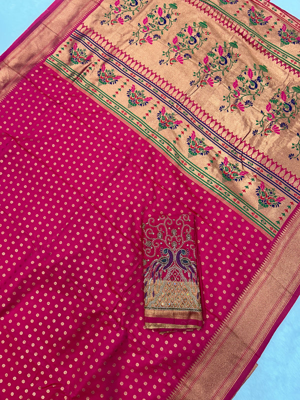 Hot Pink Kalanjali Paithani With Aari Work Blouse