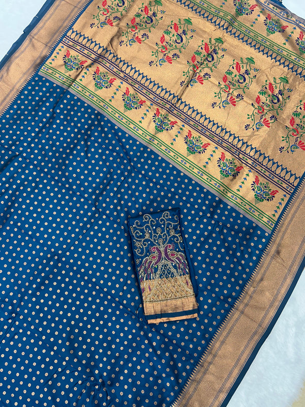 Blue Kalanjali Paithani With Aari Work Blouse